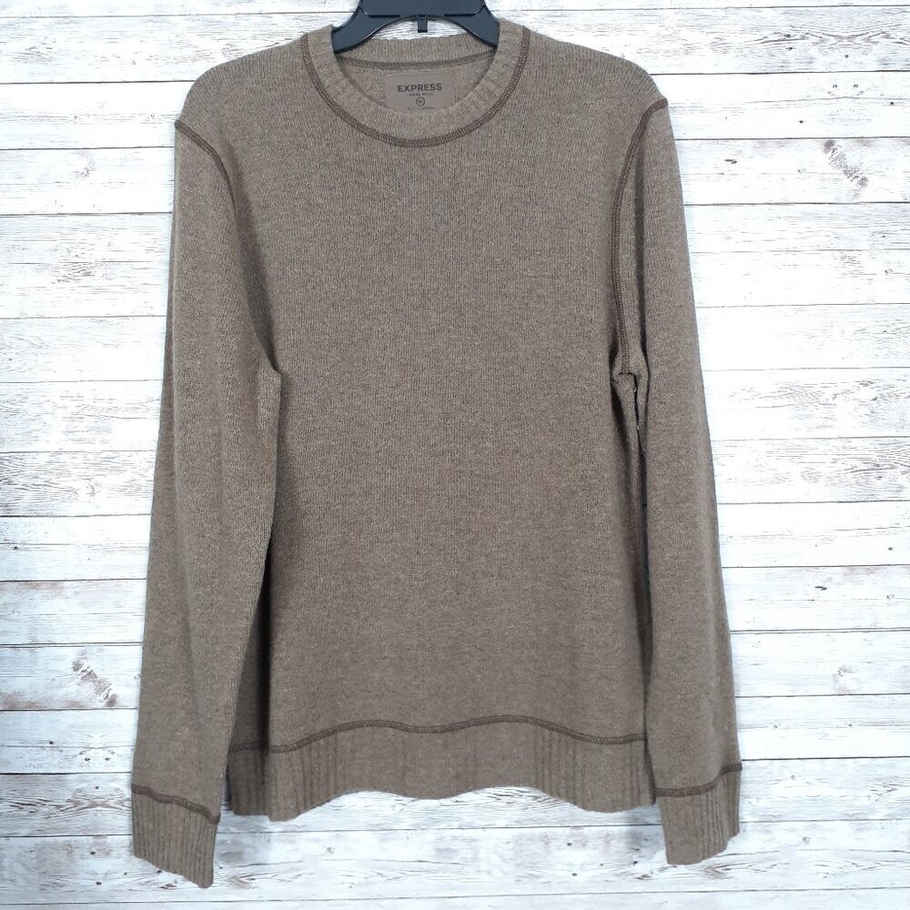 Express Mens 100% Lambs Wool Sweater M Crow Neck Long Sleeve Tan 158